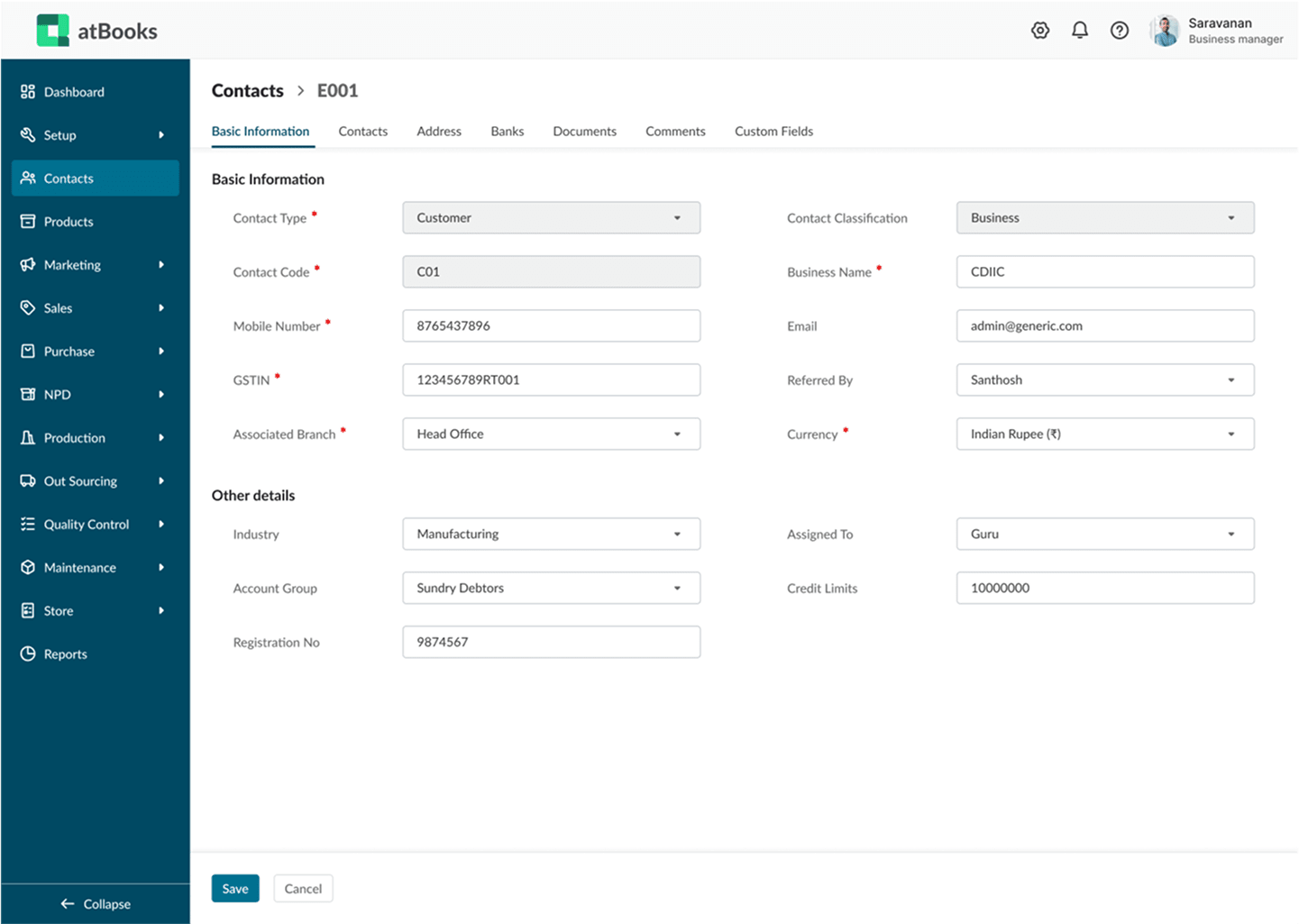 Contact and Product Management interface